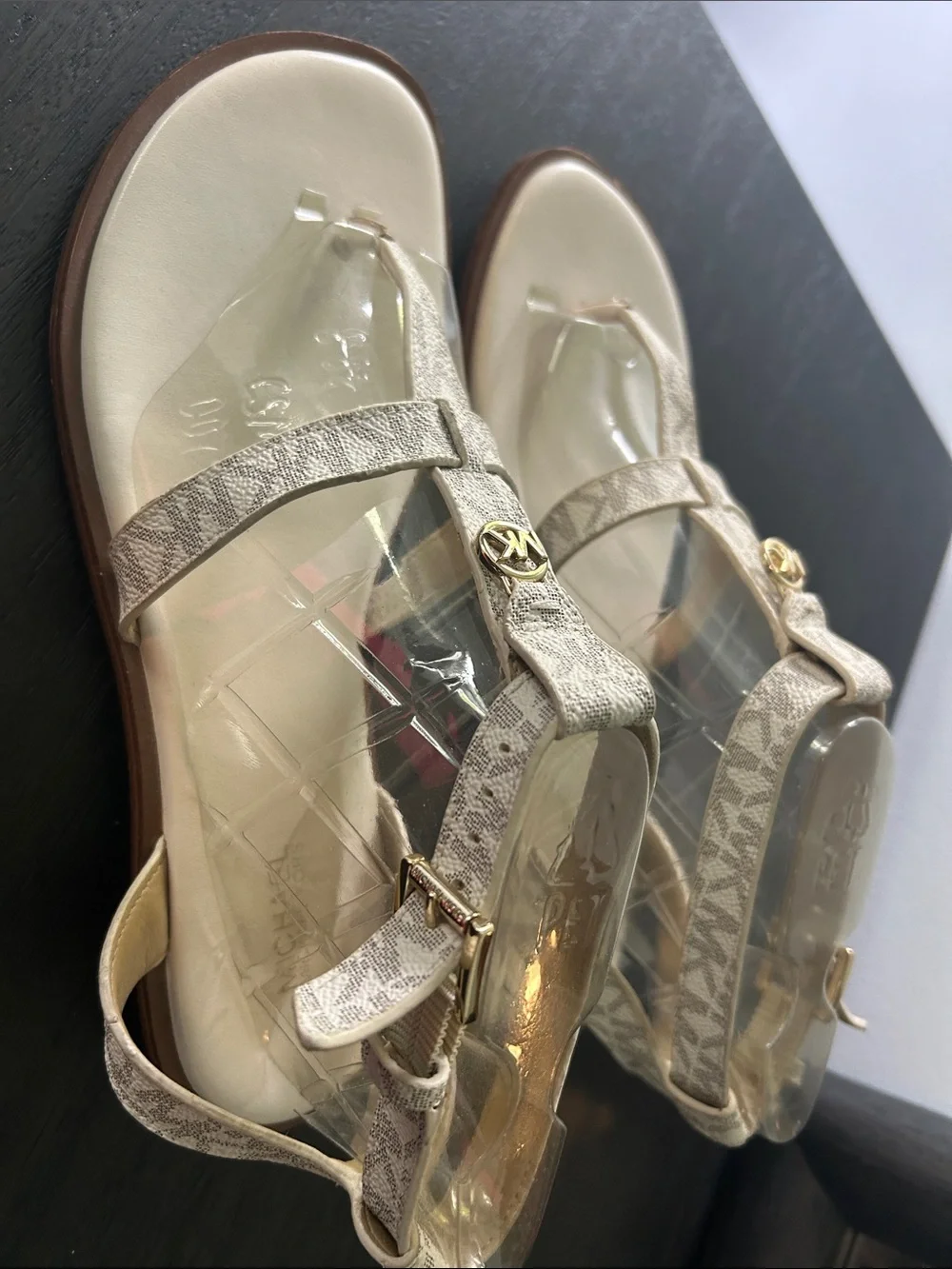 Michael Kors Metallic Silver T-Strap Logo Sandals